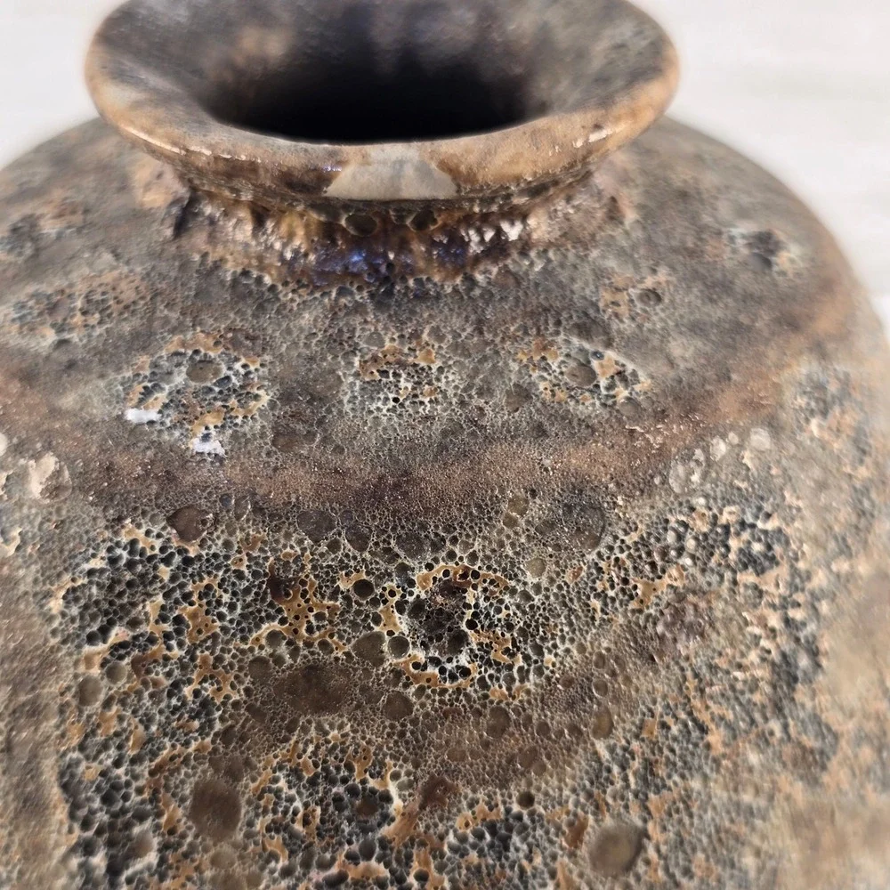 Studio Pottery Bud Vase Volcanic Lava Glaze Brown Earthy Textured Small 3.25in